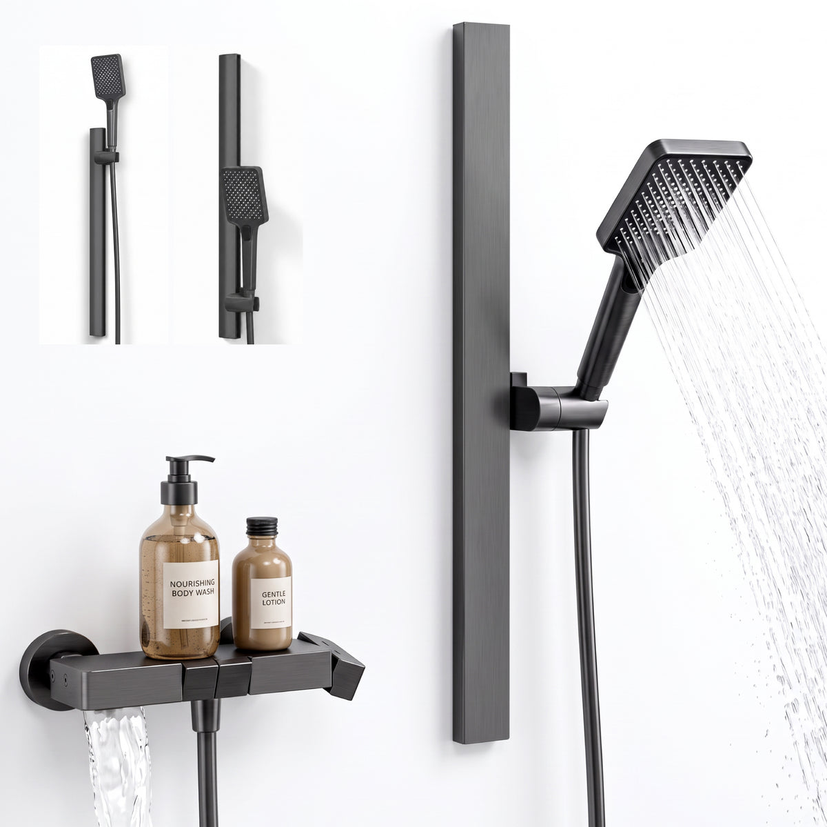 Glasvilla Design, Sistema de ducha con rociador efecto lluvia, teleducha regulable y monomando (3 tipos de chorro)