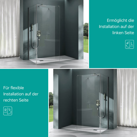 glasvilla Duschwand Duschabtrennung Walk-In Dusche 8mm Klarglas ESG-Sicherheitsglas mit Nanobeschichtung Rechteckiger Stabilisator BremenL