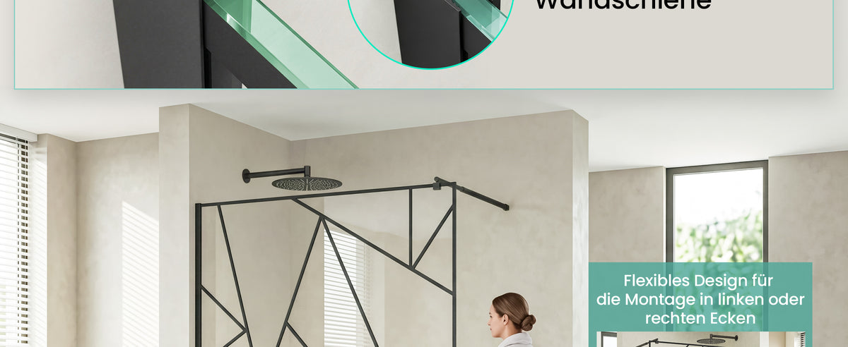 glasvilla Duschwand für Dusche Duschabtrennung  Walk-In Dusche  Duschtrennwand Schwarz 8mm ESG-Sicherheitsglas NANO Klarglas mit geometrischem Design MMBR3 Bremen01Plus-GM