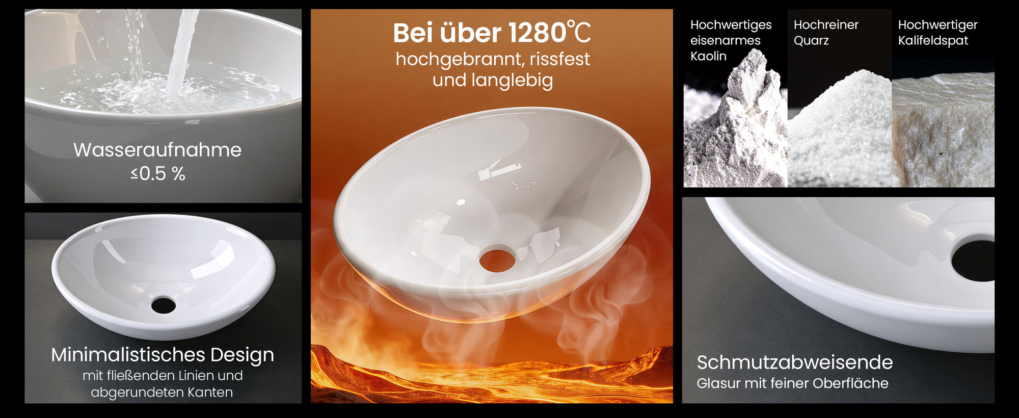 glasvilla Waschbecken Aufsatzwaschbecken Waschschale aus Keramik mit Nano-Versiegelung Brüssel205