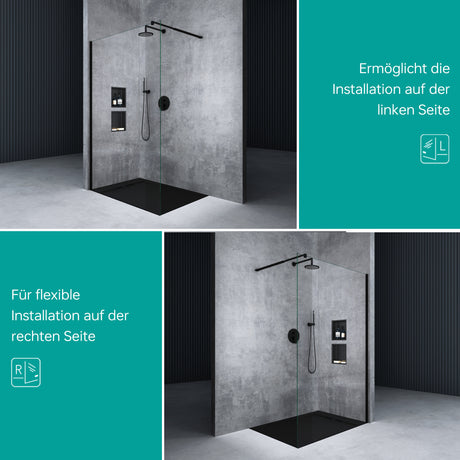 glasvilla Duschwand für Dusche Duschabtrennung Walk-In ESG-Sicherheitsglas 10mm NANO Glas BRAM1&BRAM3 Bremen2 Schwarz