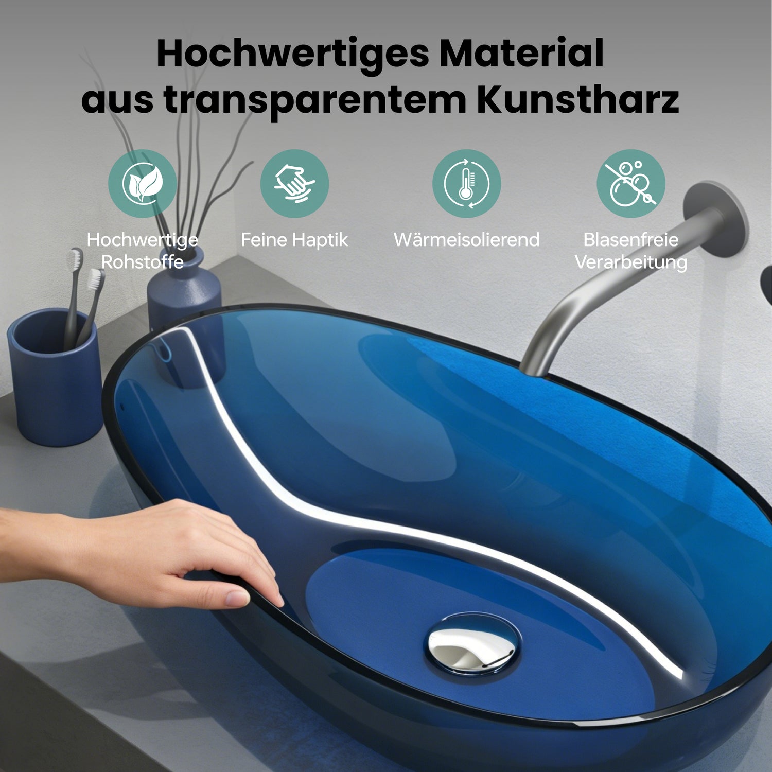 glasvilla Waschbecken Aufsatzwaschbecken aus Kunstharz Waschschale Handwaschbecken Oval 60x36x14cm ohne Hahnloch und Überlauf Coloria04