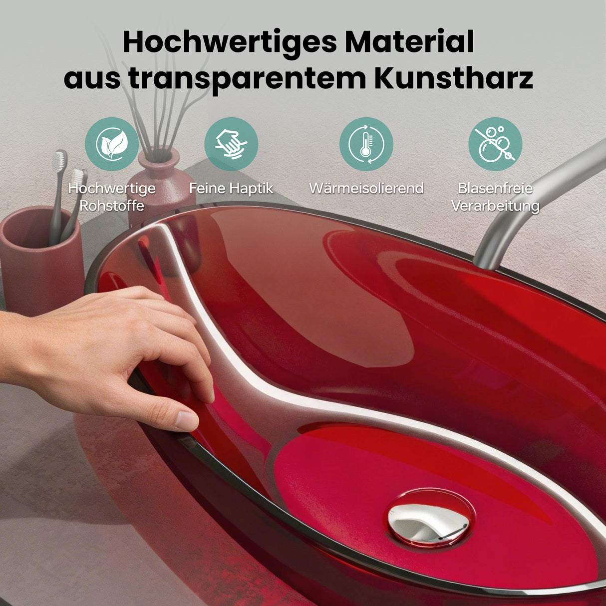 glasvilla Waschbecken Aufsatzwaschbecken aus Kunstharz Waschschale Handwaschbecken Oval 60x36x14cm ohne Hahnloch und Überlauf Coloria04