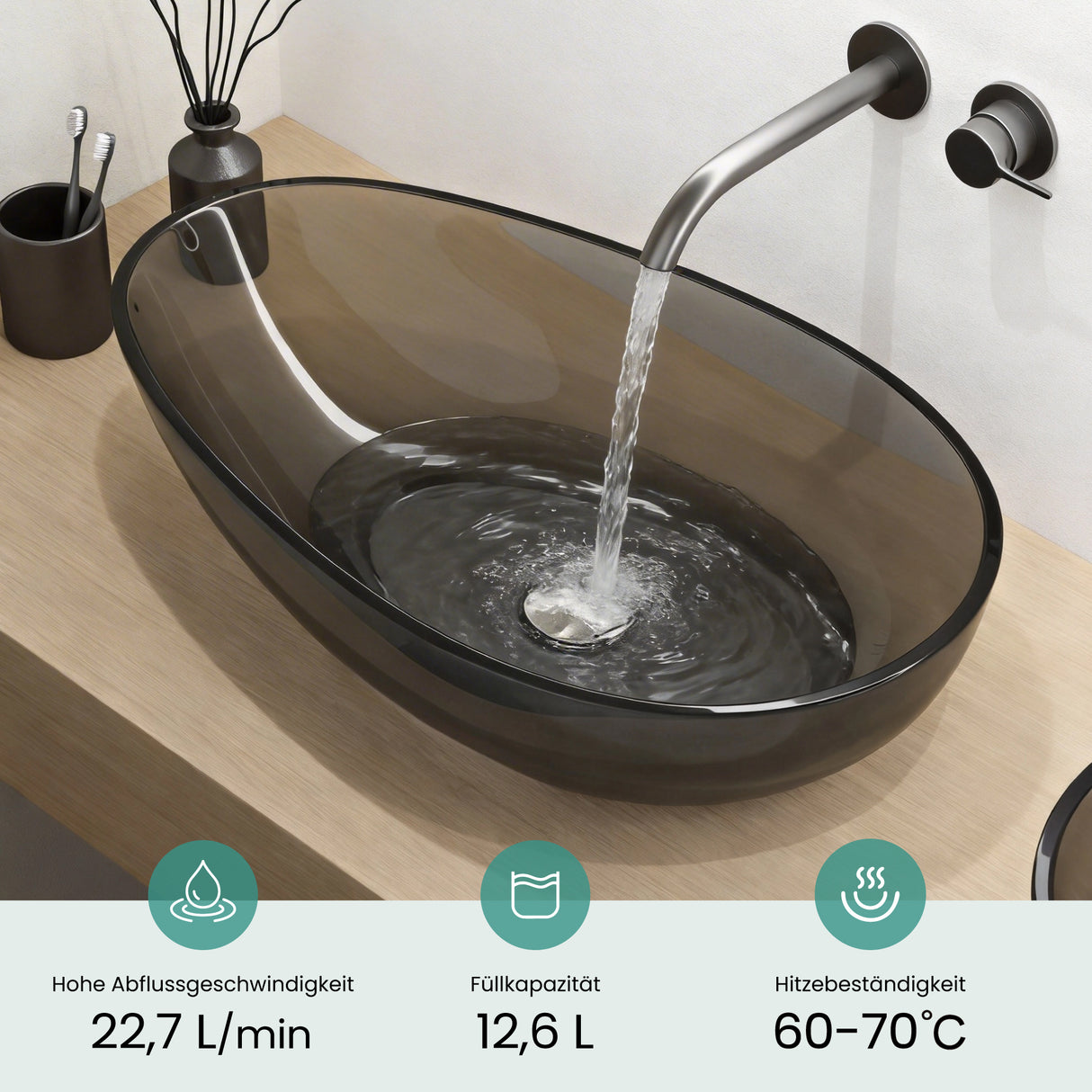 glasvilla Waschbecken Aufsatzwaschbecken aus Kunstharz Waschschale Handwaschbecken Oval 60x36x14cm ohne Hahnloch und Überlauf Coloria04