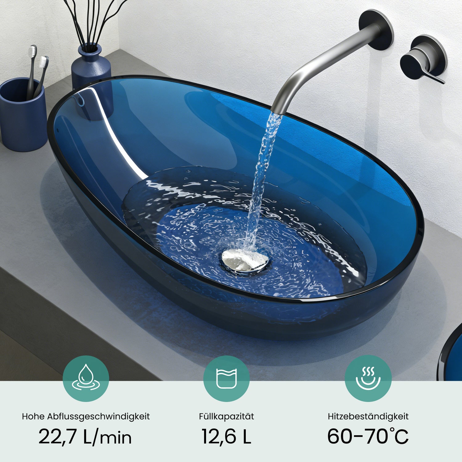 glasvilla Waschbecken Aufsatzwaschbecken aus Kunstharz Waschschale Handwaschbecken Oval 60x36x14cm ohne Hahnloch und Überlauf Coloria04