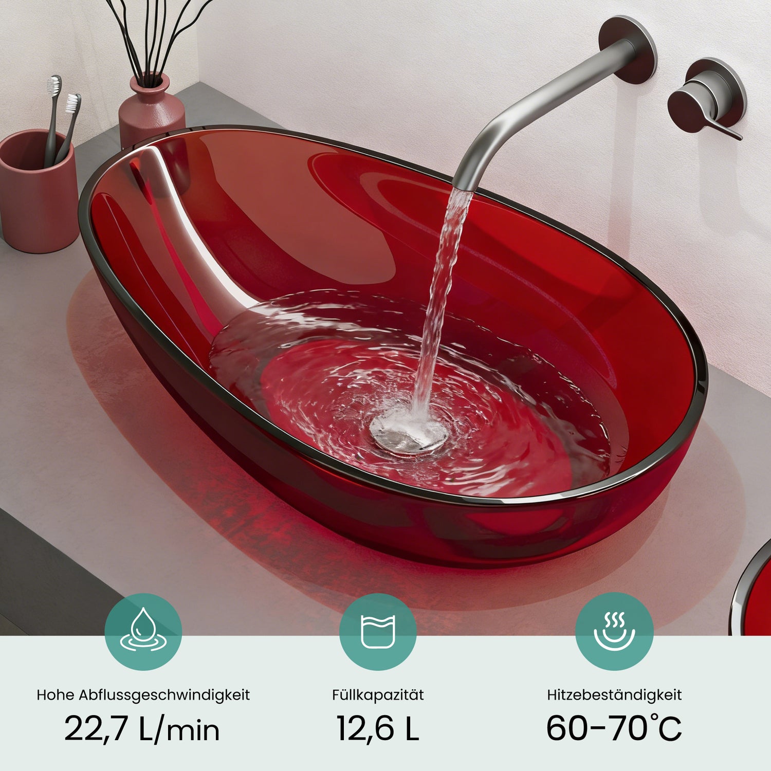 glasvilla Waschbecken Aufsatzwaschbecken aus Kunstharz Waschschale Handwaschbecken Oval 60x36x14cm ohne Hahnloch und Überlauf Coloria04