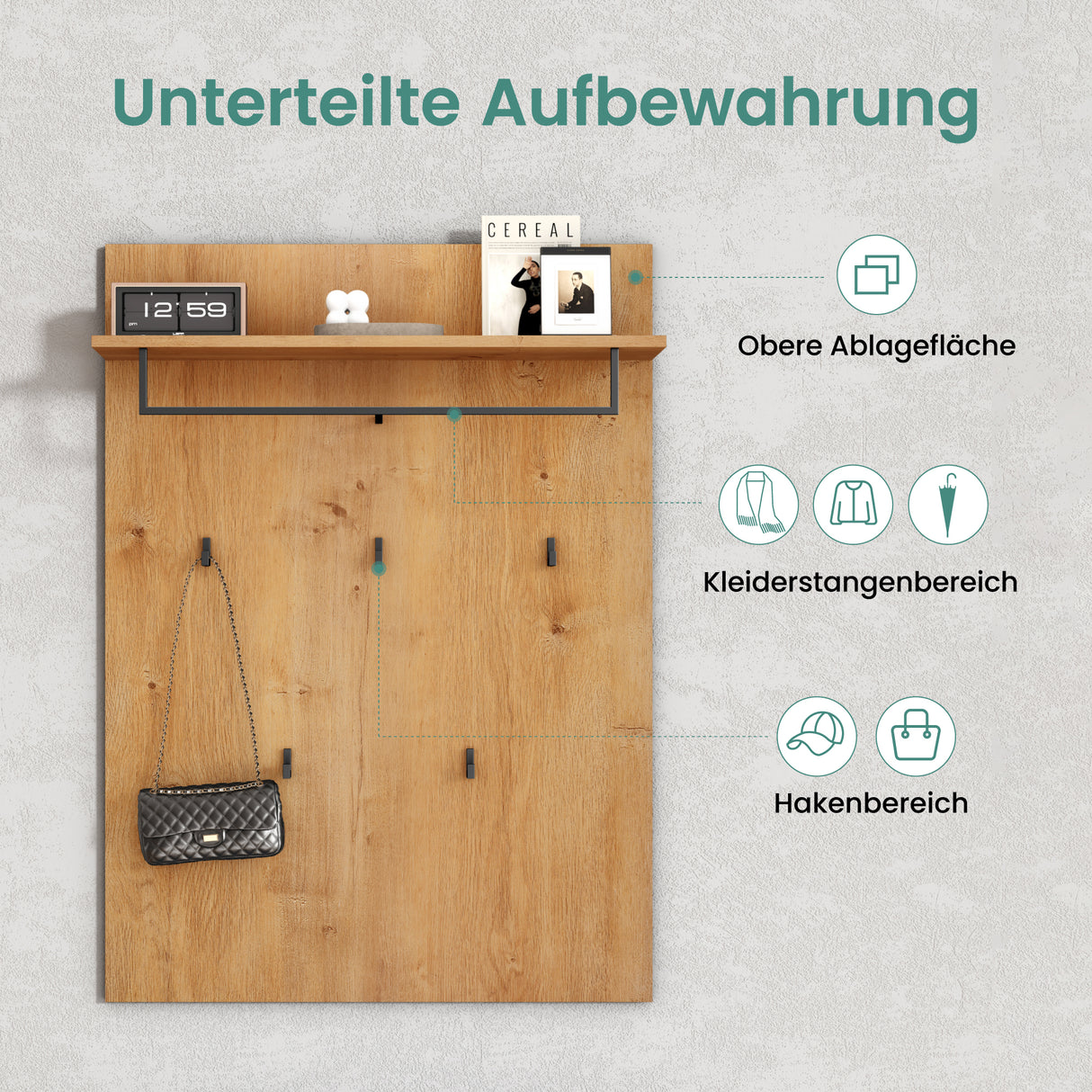 glasvilla Garderobenpaneel Wandgarderobe mit Ablage und 5 Haken Wandpaneel Hakenpaneel Garderobenhaken Garderobenboard 78x108cm Gabo-01