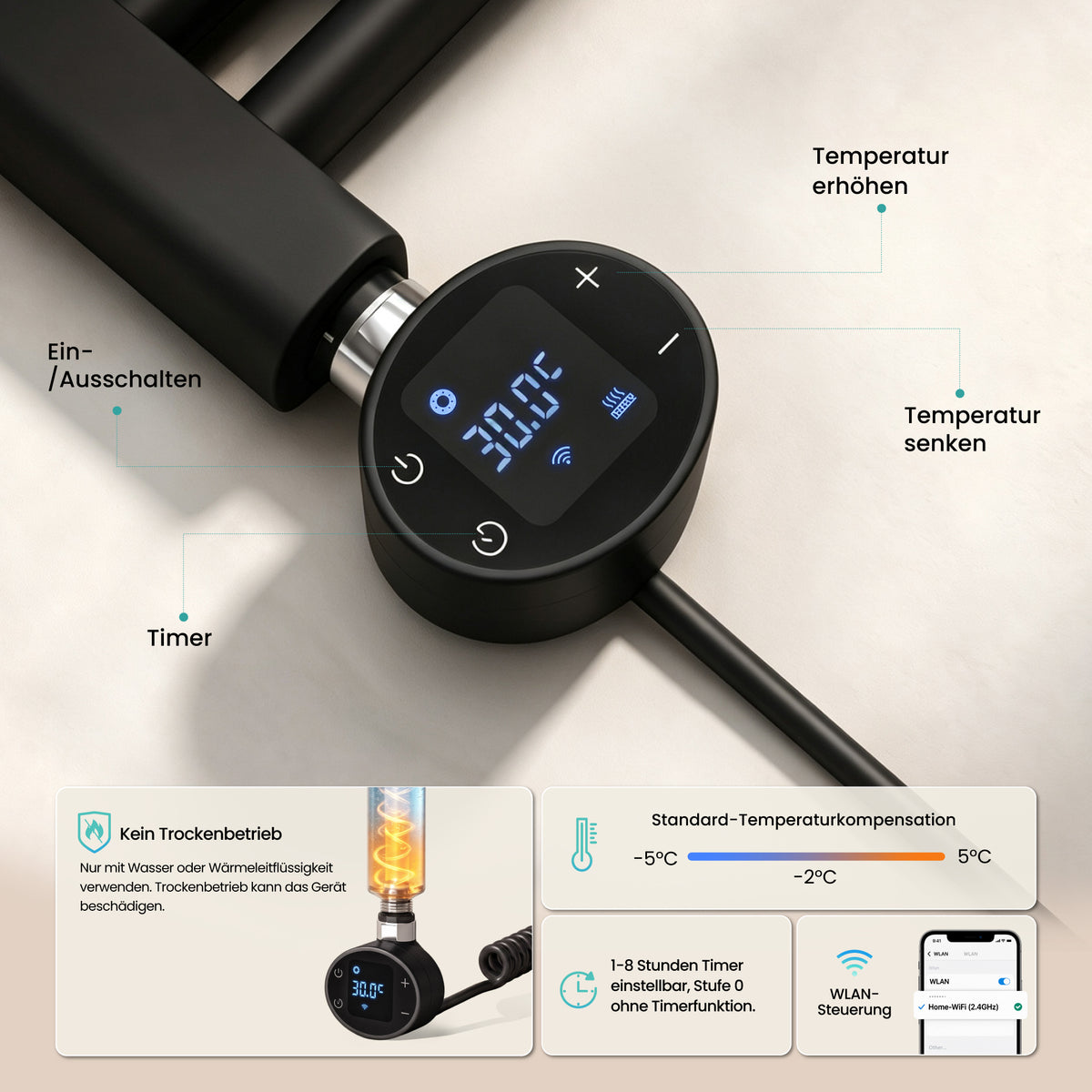 glasvilla Smart WiFi Heizstab für Badheizkörper, Heizelement  Elektrischer Heizstab mit App-Steuerung, Thermostat & Timer-Funktion, Heizpatrone für Handtuchheizkörper Heizstab-03
