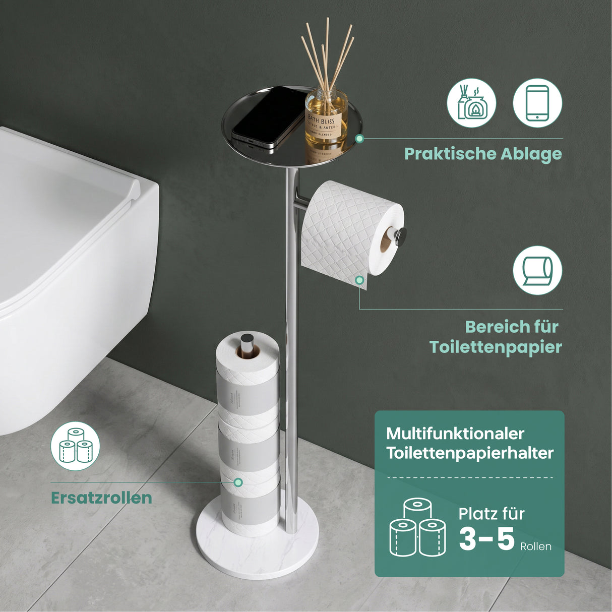 glasvilla Klopapierhalter Stehend, Toilettenpapierhalter  | Edelstahl, Klorollenhalter freistehend, Toilettenpapier Aufbewahrung für 4 Rollen, ohne Bohren, für Badezimmer & WC Lino-06