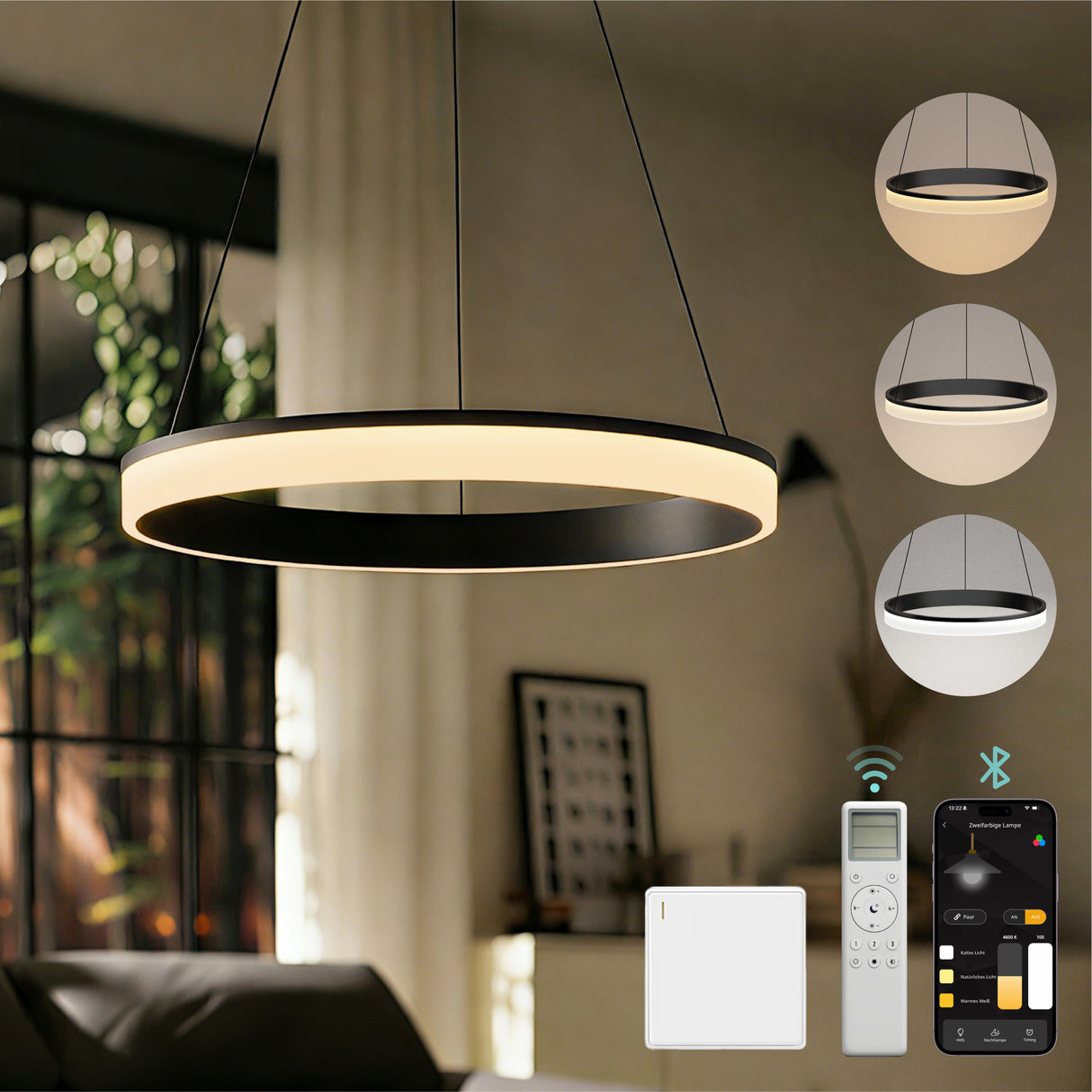 glasvilla Pendelleuchte Esstisch, LED Hängelampe, stufenlos dimmbar 3000K–6000K, höhenverstellbare Esstischlampe mit Fernbedienung & Wandschalter Luvina02