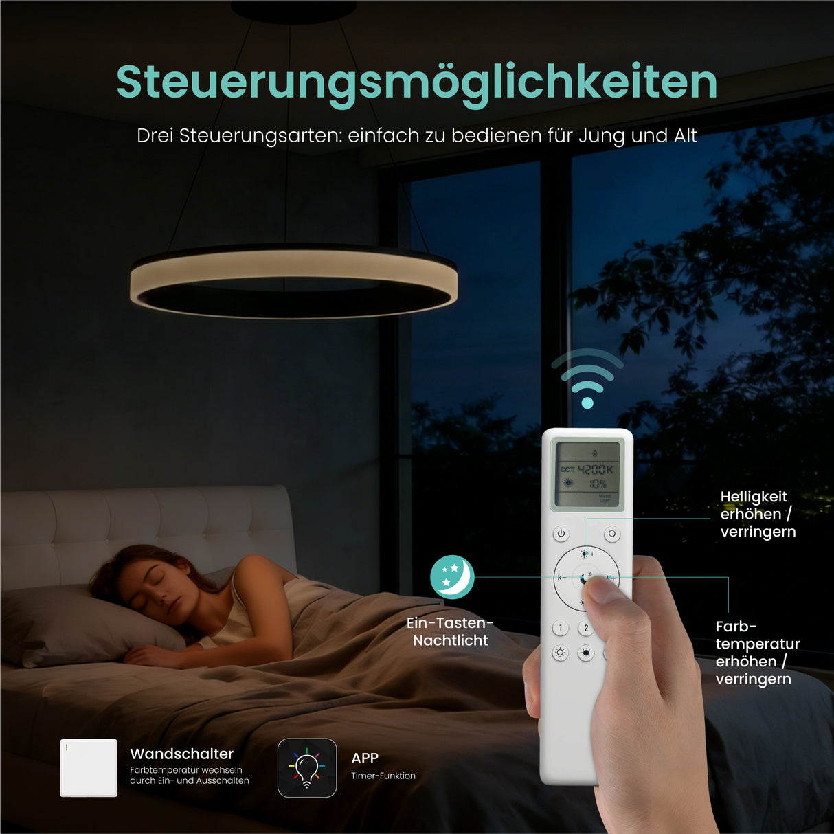 glasvilla Pendelleuchte Esstisch, LED Hängelampe, stufenlos dimmbar 3000K–6000K, höhenverstellbare Esstischlampe mit Fernbedienung & Wandschalter Luvina02
