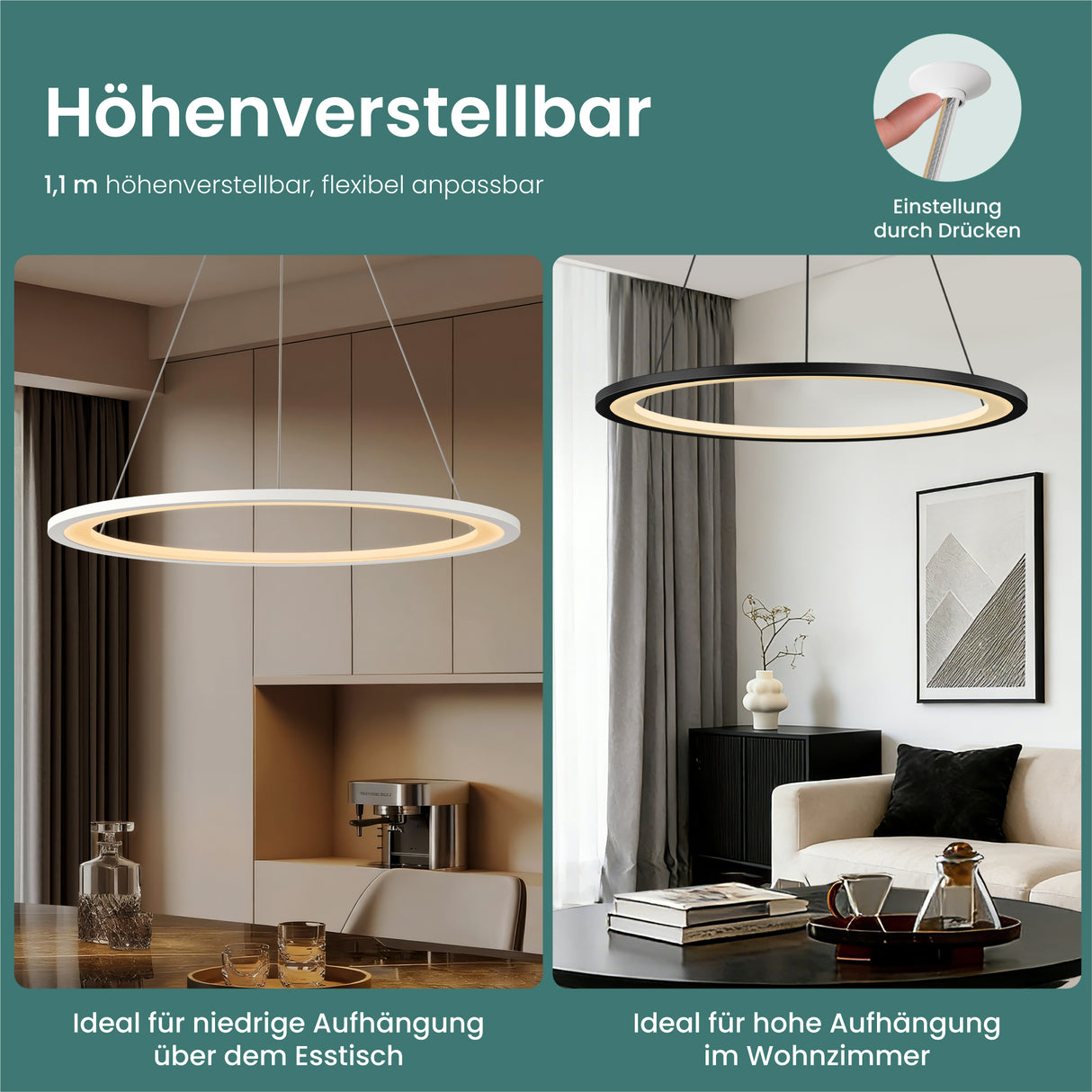 glasvilla Pendelleuchte Esstisch, LED Hängelampe, stufenlos dimmbar 3000K–6000K, höhenverstellbare Esstischlampe mit Fernbedienung & Wandschalter Luvina01