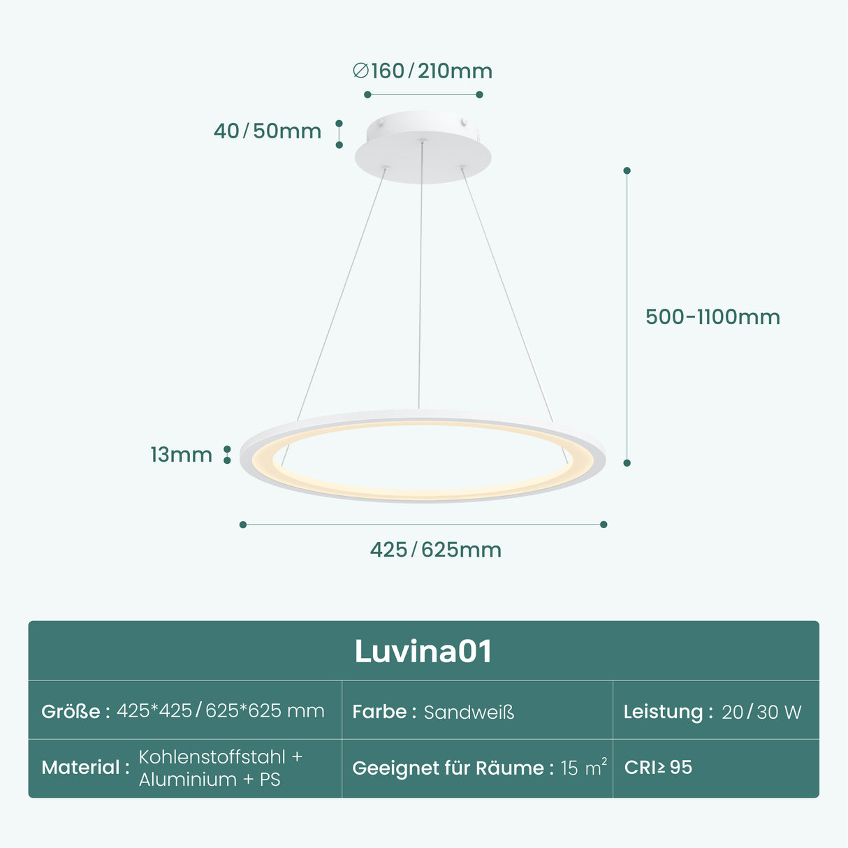 glasvilla Pendelleuchte Esstisch, LED Hängelampe, stufenlos dimmbar 3000K–6000K, höhenverstellbare Esstischlampe mit Fernbedienung & Wandschalter Luvina01