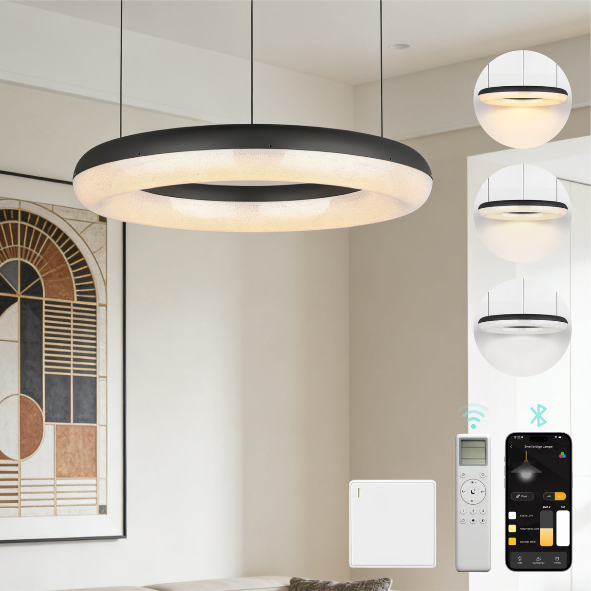 glasvilla Lampadario Sospensione, Lampada 3000-6000K con Filo 170 CM, Altezza Regolabile, Lampada da Soffitto a Sospensione per Camera da Letto, Cucina e Soggiorno, Luvina03