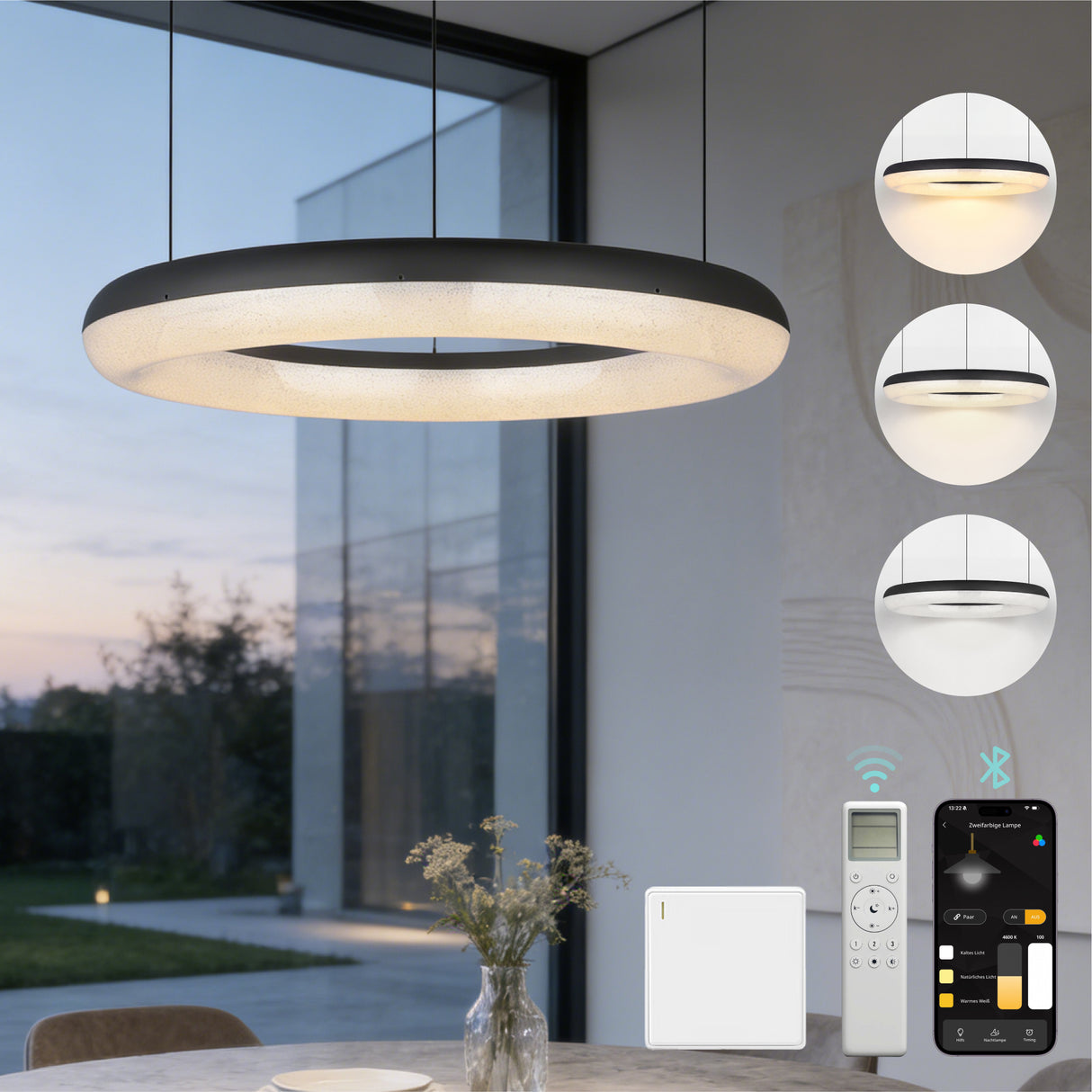 glasvilla Lampadario Sospensione, Lampada 3000-6000K con Filo 170 CM, Altezza Regolabile, Lampada da Soffitto a Sospensione per Camera da Letto, Cucina e Soggiorno, Luvina03