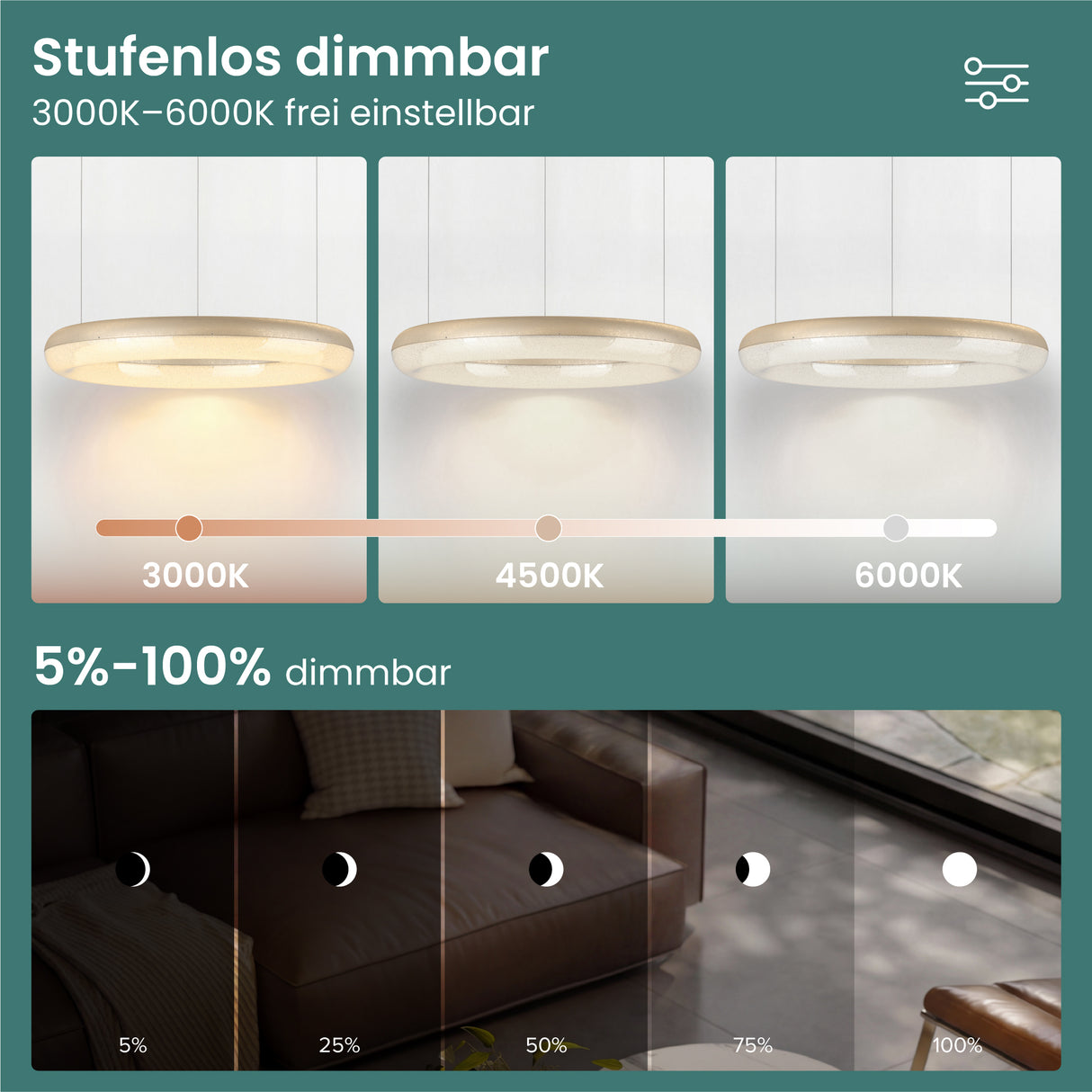 glasvilla Lampadario Sospensione, Lampada 3000-6000K con Filo 170 CM, Altezza Regolabile, Lampada da Soffitto a Sospensione per Camera da Letto, Cucina e Soggiorno, Luvina03