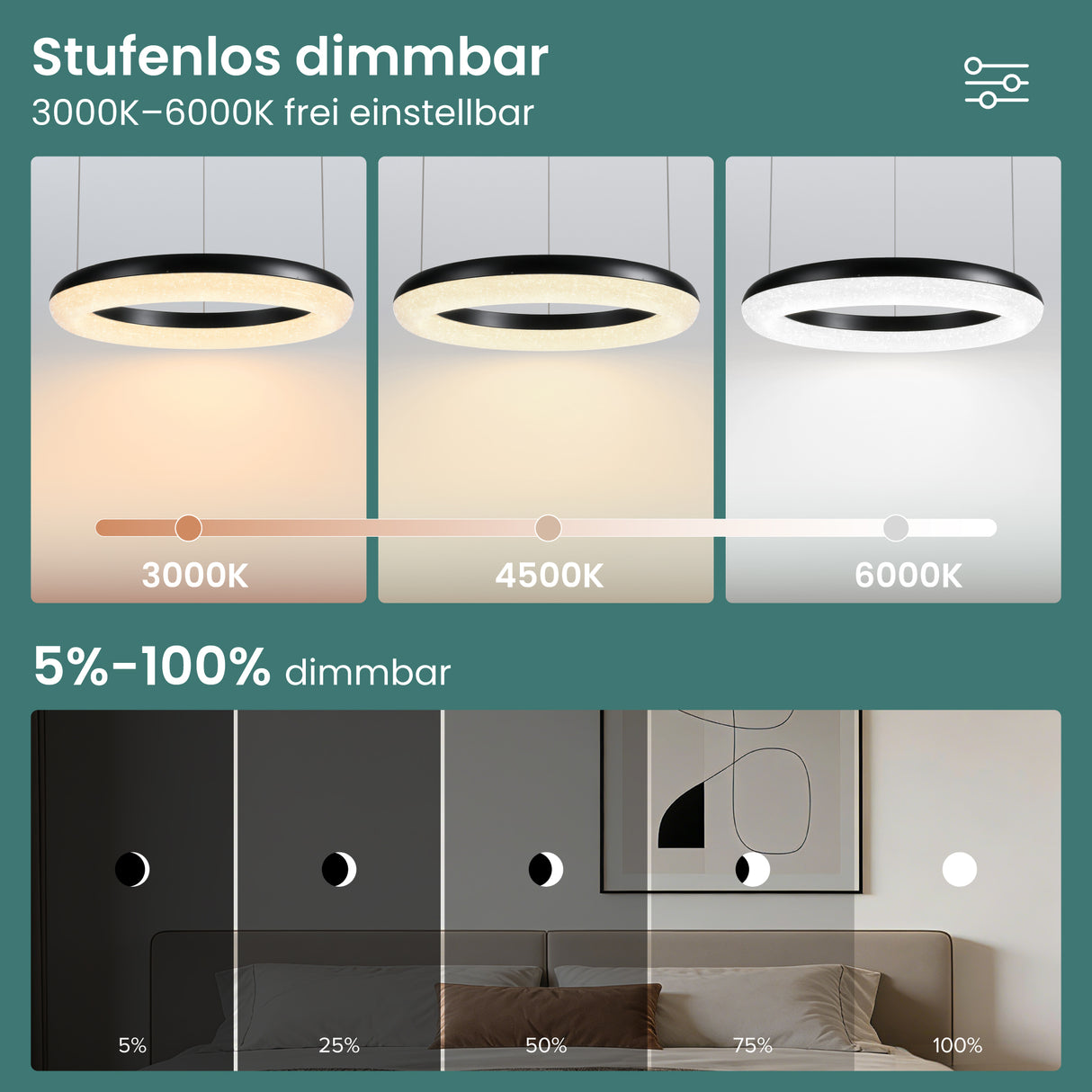 glasvilla Suspension de table à manger, Lampe suspendue LED moderne, intensité réglable en continu 3000K–6000K, lampe de table à manger design réglable en hauteur avec télécommande et interrupteur mural, Luvina03