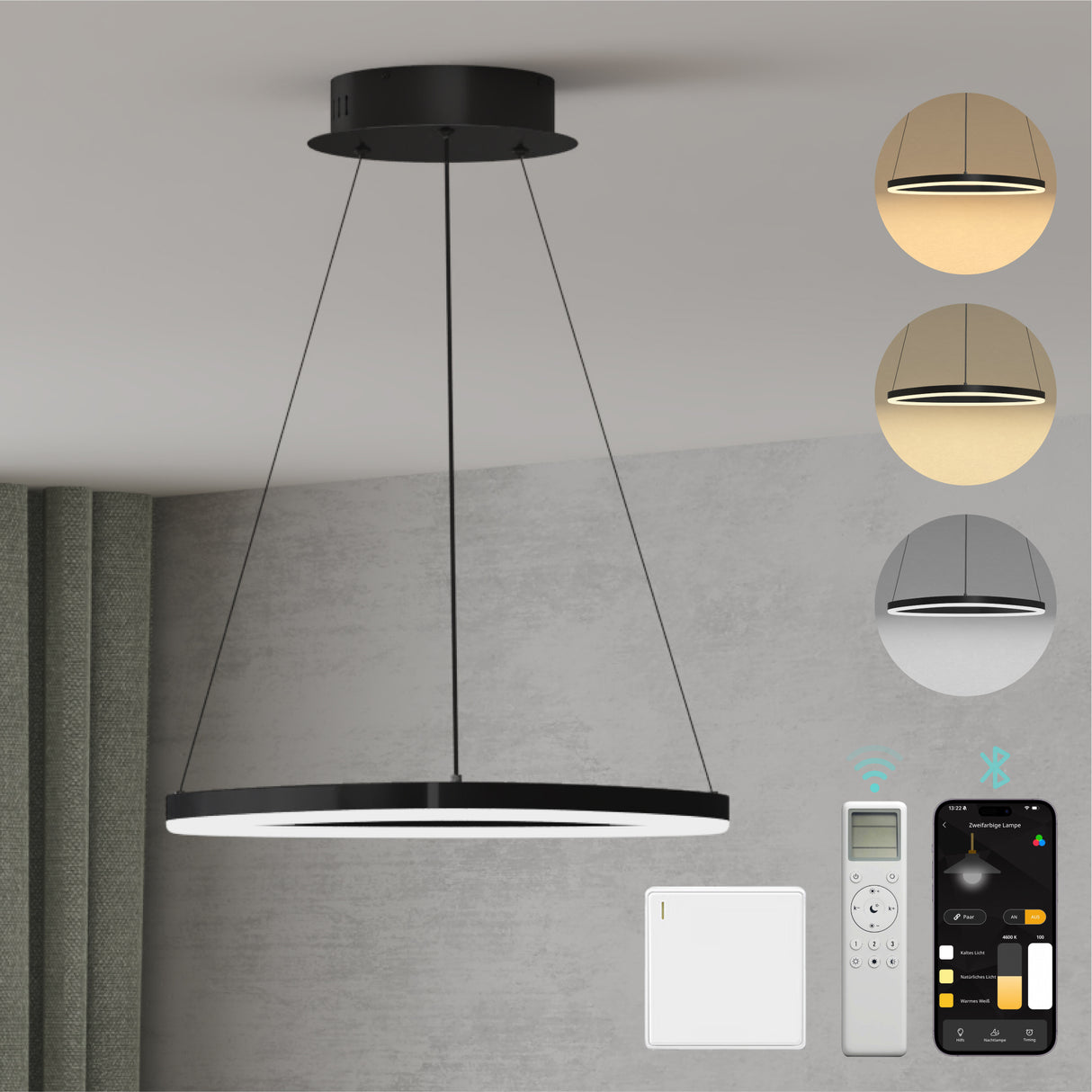 glasvilla Pendelleuchte 50cm LED Hängelampe Dynamisches Wellendesign 3000K/4000K/6000K Verstellbares Kabel 16W Hängeleuchte für Esszimmer Wohnzimmer Schlafzimmer