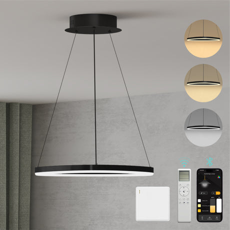 Suspension Glasvilla 50 cm, lampe LED suspendue, design ondulé dynamique, température de couleur réglable 3000K/4000K/6000K, câble 16W, idéale pour salle à manger, salon ou chambre.