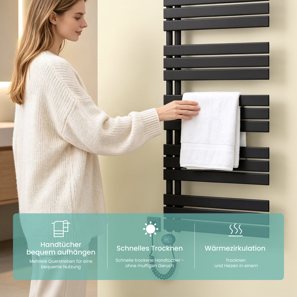 glasvilla Badheizkörper,mit Heizstab Badheizung,Handtuchheizkörper mit Seitenanschluss, Handtuchwärmer mit Heizstab 600W/900W, App-Steuerung, Thermostat und Timerfunktion,‎FN con Heizstab-03