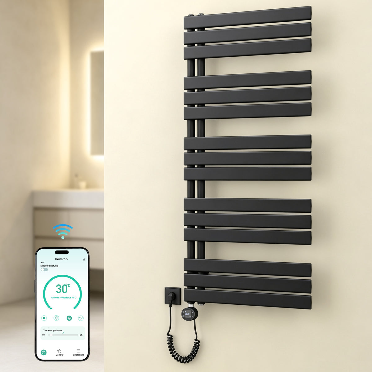 glasvilla Badheizkörper,mit Heizstab Badheizung,Handtuchheizkörper mit Seitenanschluss, Handtuchwärmer mit Heizstab 600W/900W, App-Steuerung, Thermostat und Timerfunktion,‎FN con Heizstab-03