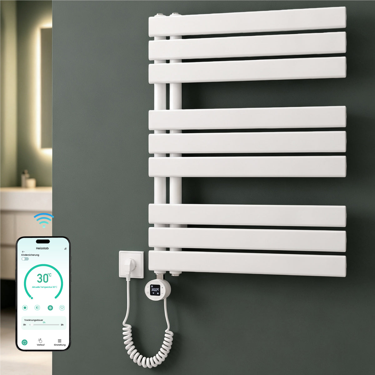 glasvilla Badheizkörper,mit Heizstab Badheizung,Handtuchheizkörper mit Seitenanschluss, Handtuchwärmer mit Heizstab 600W/900W, App-Steuerung, Thermostat und Timerfunktion,‎FN con Heizstab-03