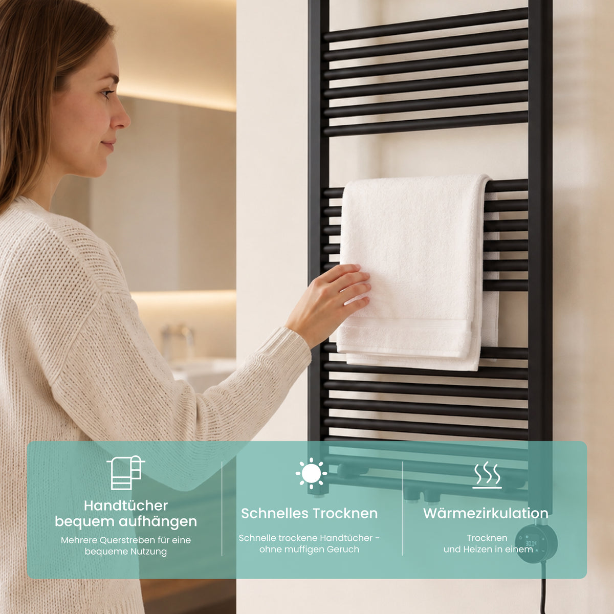 glasvilla Badheizkörper mit Heizstab  Badheizung  Handtuchheizkörper elektrisch mit App-Steuerung, Thermostat & Timer-Funktion, Röhrenheizkörper Seitenanschluss