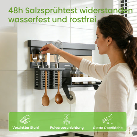 glasvilla -Stöckiges Gewürzregal Küche mit Handyhalter und Utensilientöpfe inkl. 5 Haken, Multifunktional Küchenregal abnehmbar mit Schiene , Küchen Organizer Reglo-09-12