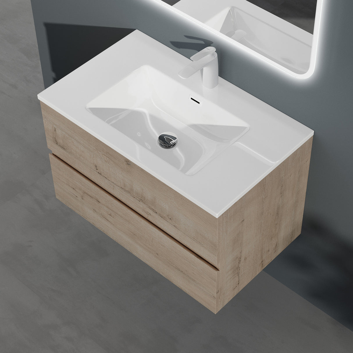 glasvilla Badmöbel-Set Waschtisch mit Unterschrank Mineralguss Waschbecken Waschbeckenunterschrank  2-Schubladen Soft-Close Aqualis