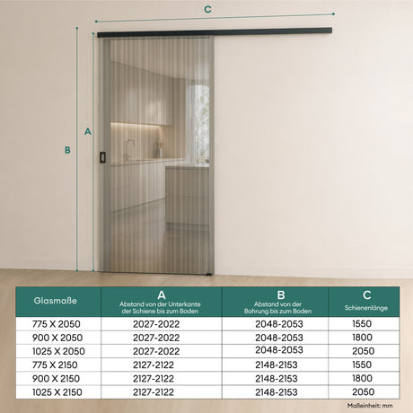 glasvilla Porta Scorrevole in Vetro Temperato 8mm, Binario e Maniglia in Lega di Alluminio per Bagno Cucina Studio Ufficio, Muranino-001