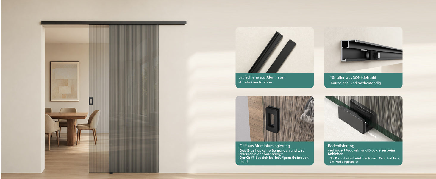 glasvilla Porta Scorrevole in Vetro Temperato 8mm, Binario e Maniglia in Lega di Alluminio per Bagno Cucina Studio Ufficio, Muranino-001