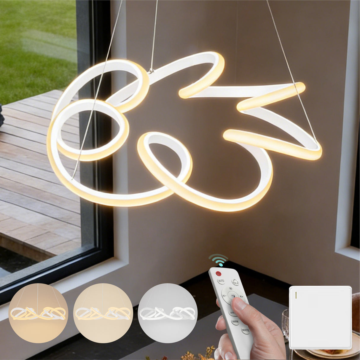 glasvilla Pendelleuchte Esstisch, 52cm LED Moderne Hängelampe Weiß, stufenlos dimmbar 3000K–6400K, höhenverstellbare Design 67W Esstischlampe mit Fernbedienung & Wandschalter, Alivetta25040