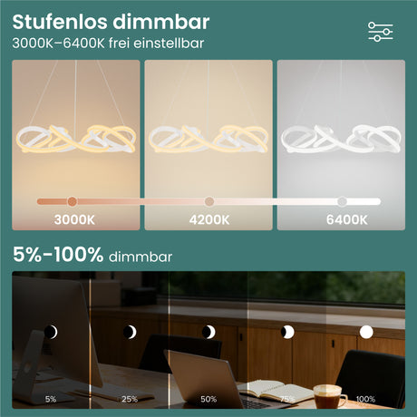 glasvilla Pendelleuchte Esstisch, 52cm LED Moderne Hängelampe Weiß, stufenlos dimmbar 3000K–6400K, höhenverstellbare Design 67W Esstischlampe mit Fernbedienung & Wandschalter, Alivetta25040