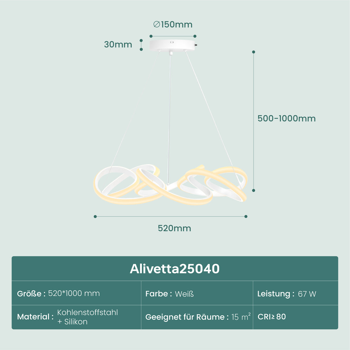 glasvilla Pendelleuchte Esstisch, 52cm LED Moderne Hängelampe Weiß, stufenlos dimmbar 3000K–6400K, höhenverstellbare Design 67W Esstischlampe mit Fernbedienung & Wandschalter, Alivetta25040