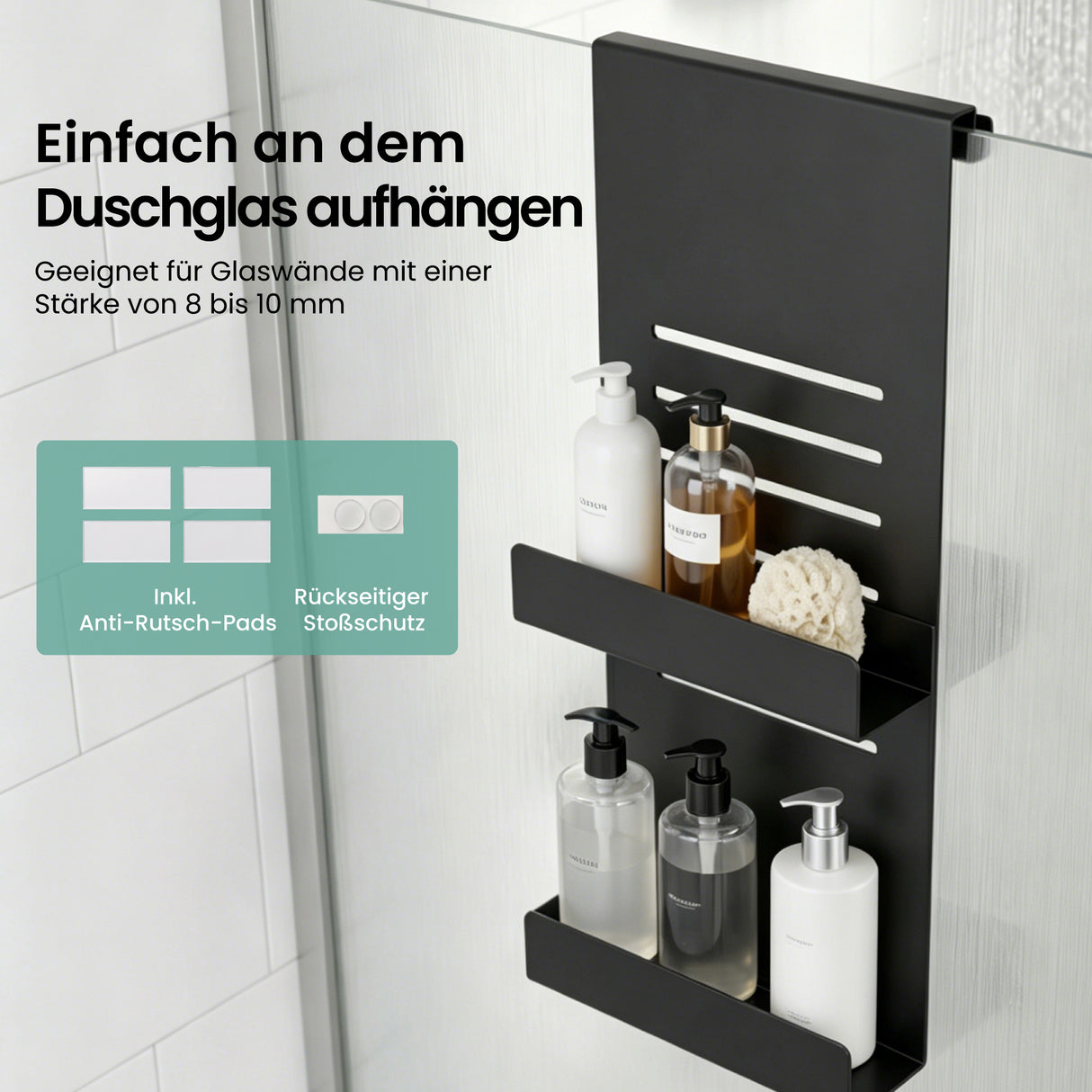 glasvilla Duschablage zum Hängen, Duschregal Ohne Bohren für Glasduschtüren, Hängeregal mit 2 Etagen und 3 Haken, Badezimmer Organizer  Oryne-01