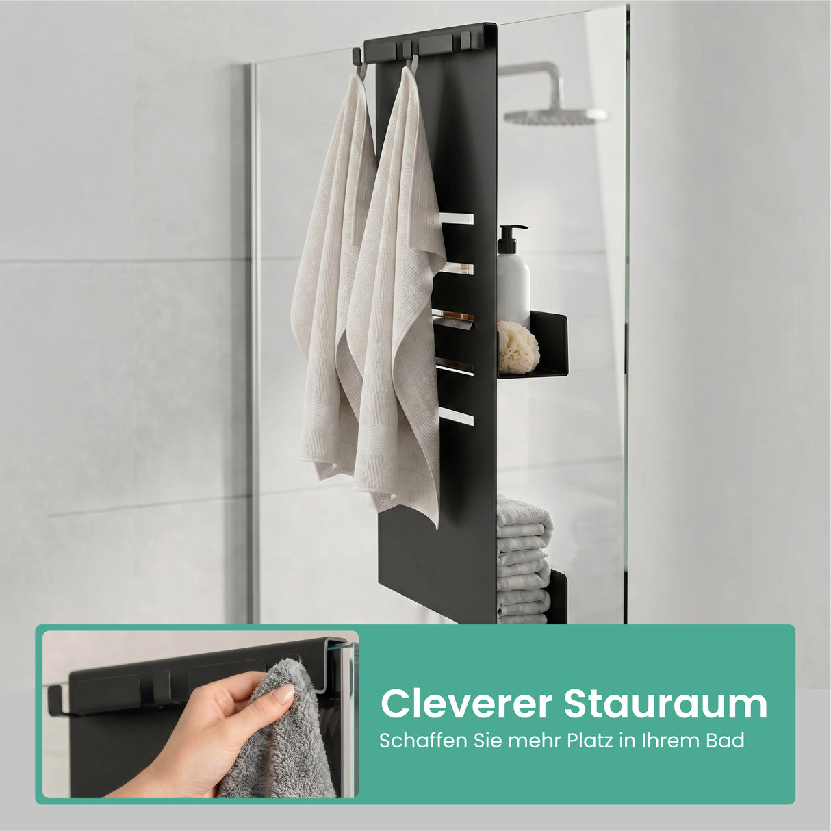 glasvilla Duschablage zum Hängen, Duschregal Ohne Bohren für Glasduschtüren, Hängeregal mit 2 Etagen und 3 Haken, Badezimmer Organizer  Oryne-01