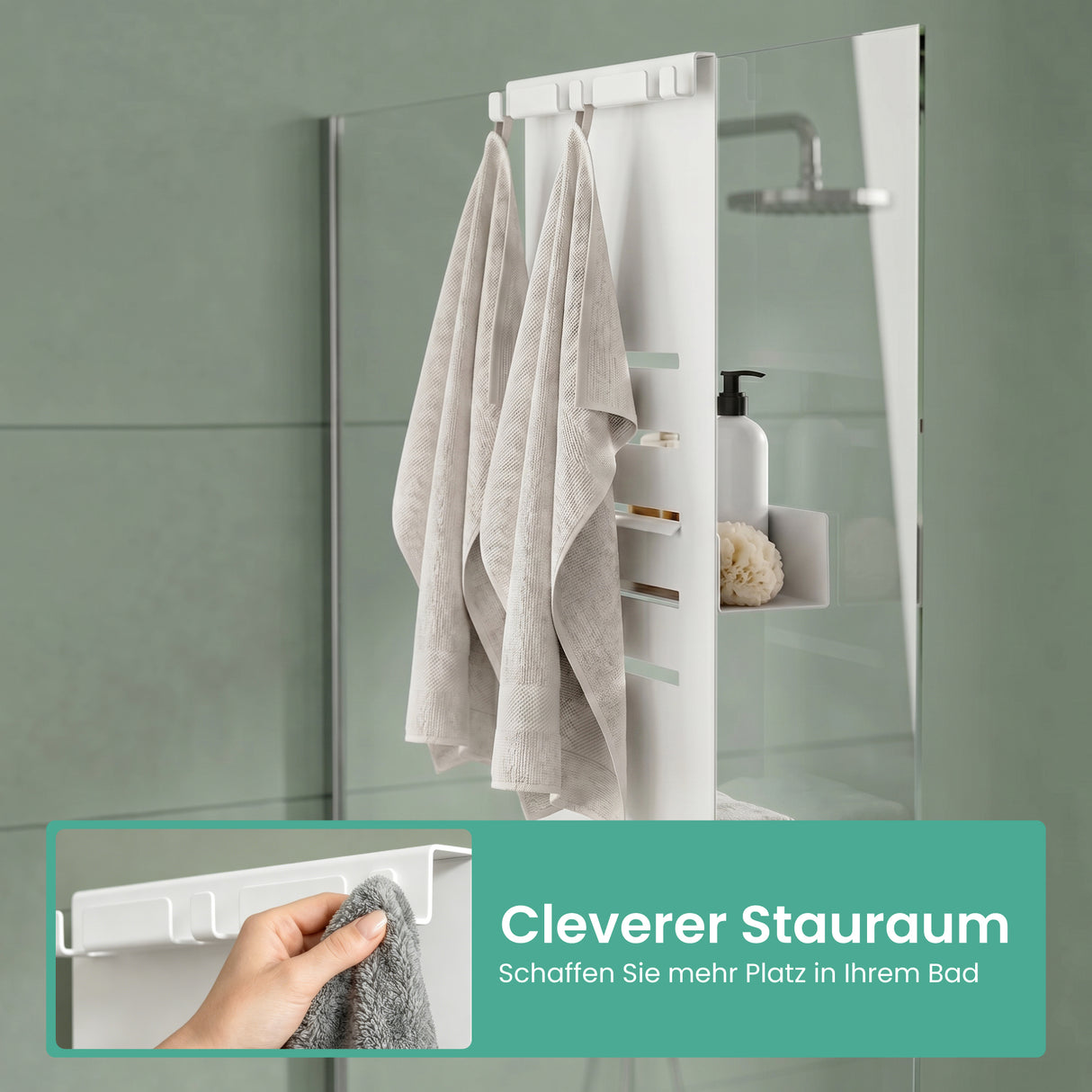 glasvilla Duschablage zum Hängen, Duschregal Ohne Bohren für Glasduschtüren, Hängeregal mit 2 Etagen und 3 Haken, Badezimmer Organizer  Oryne-01