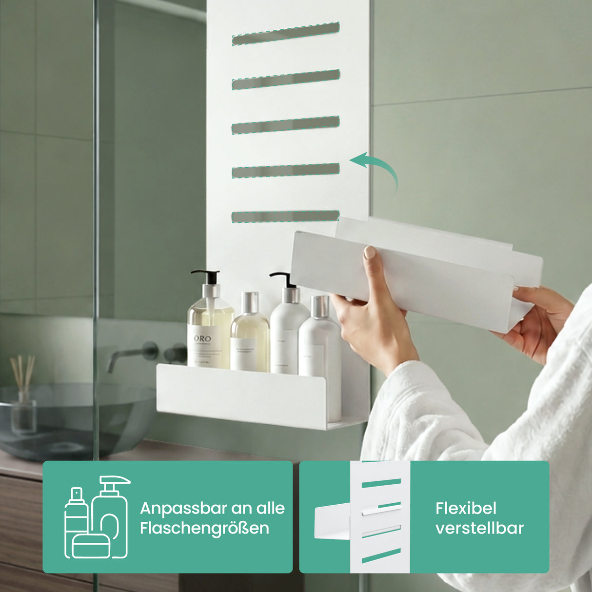 glasvilla Duschablage zum Hängen, Duschregal Ohne Bohren für Glasduschtüren, Hängeregal mit 2 Etagen und 3 Haken, Badezimmer Organizer  Oryne-01