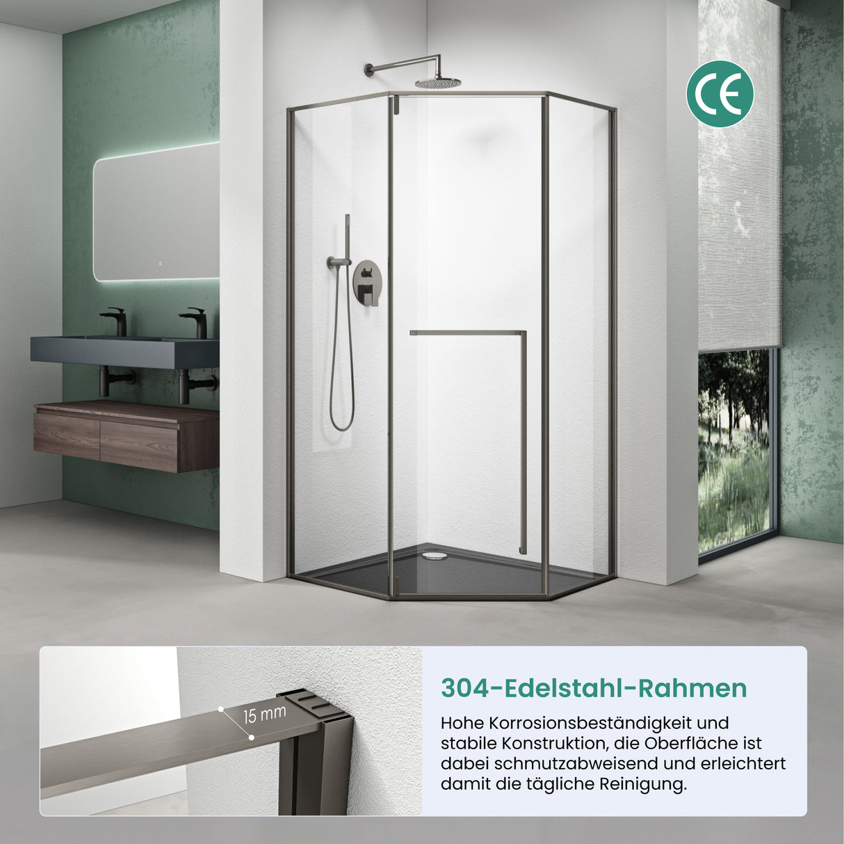 glasvilla Fünfeckdusche mit Drehtür Duschkabine Eckdusche 8mm ESG-Sicherheitsglas Nano-Beschichtung Duschabtrennung Ravenna68K-Plus