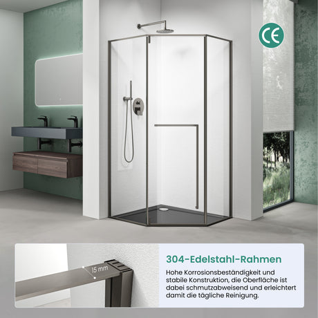 glasvilla Fünfeckdusche mit Drehtür Duschkabine Eckdusche 8mm ESG-Sicherheitsglas Nano-Beschichtung Duschabtrennung Ravenna68K-Plus