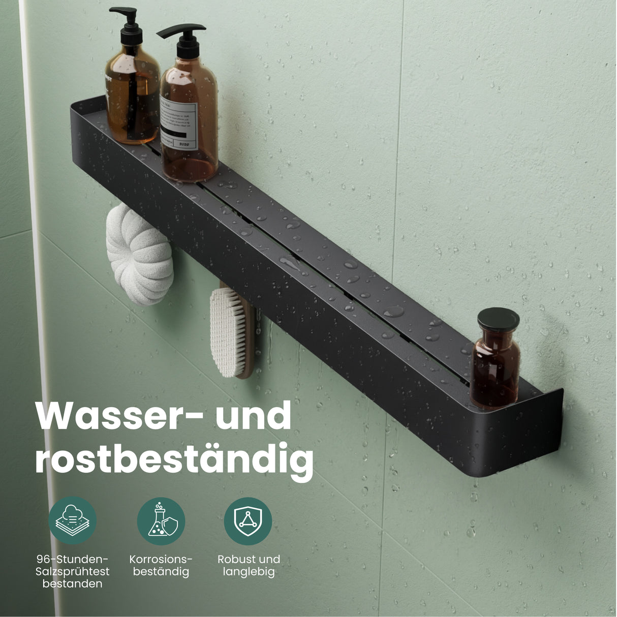 glasvolla Duschablage zum Bohren oder Kleben, Duschregal mit Haken, Badablage zur Wandmontage, Badezimmer Organizer Reglo-05