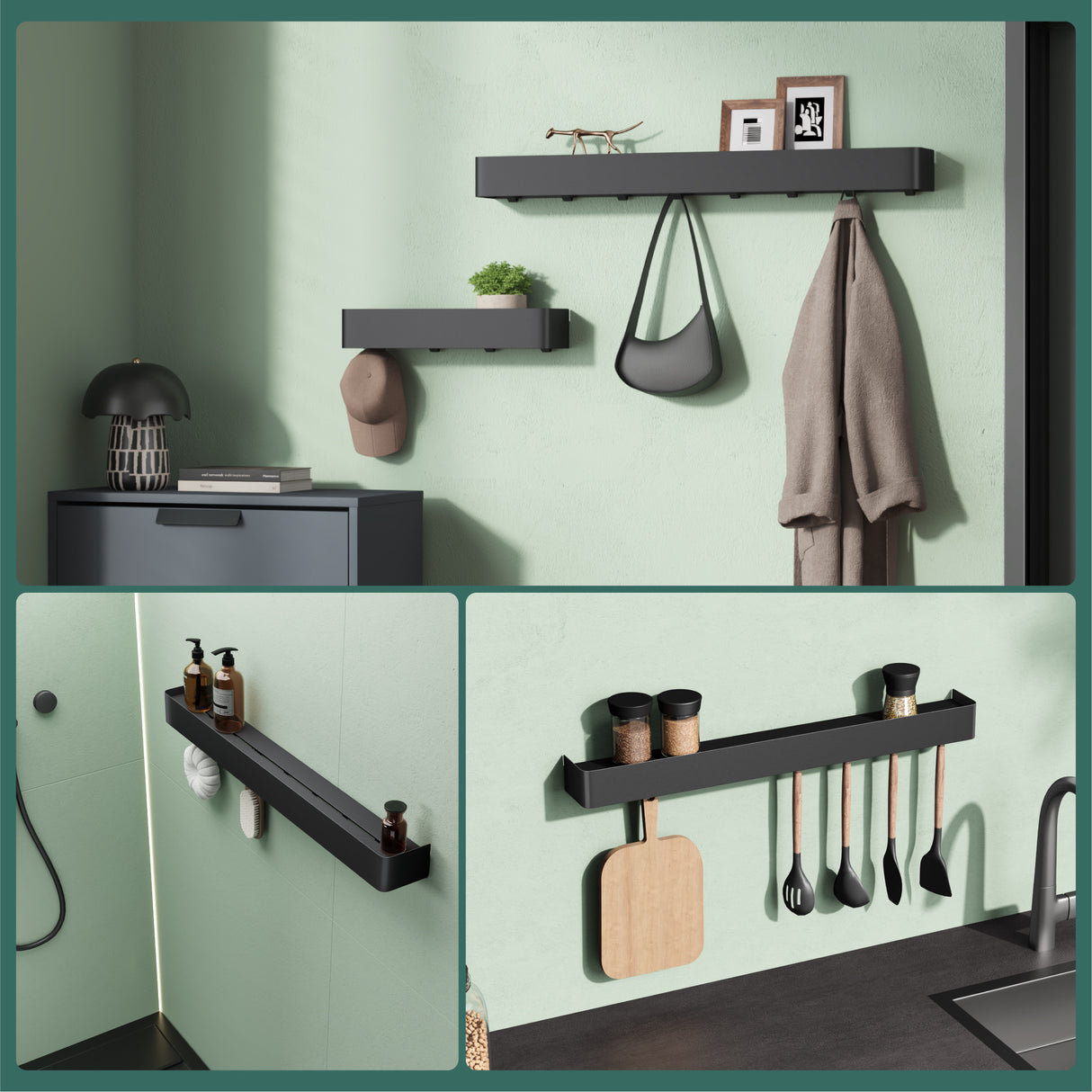 glasvolla Duschablage zum Bohren oder Kleben, Duschregal mit Haken, Badablage zur Wandmontage, Badezimmer Organizer Reglo-05