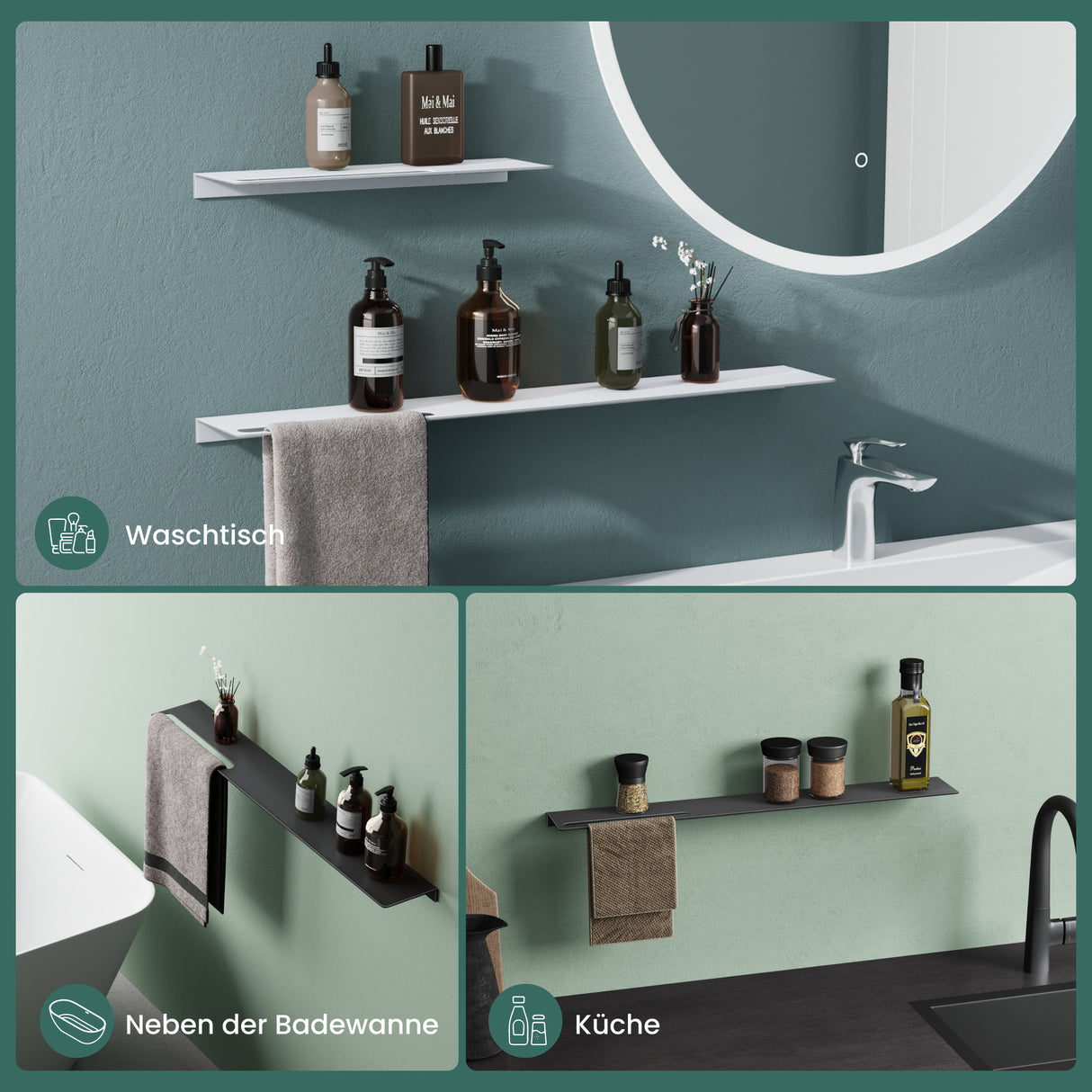 glasvilla Mensola da Parete Multifunzionale, Mensola per Doccia in Alluminio con Portasciugamani Mensola da Appendere per Bagno e Cucina, Reglo-06