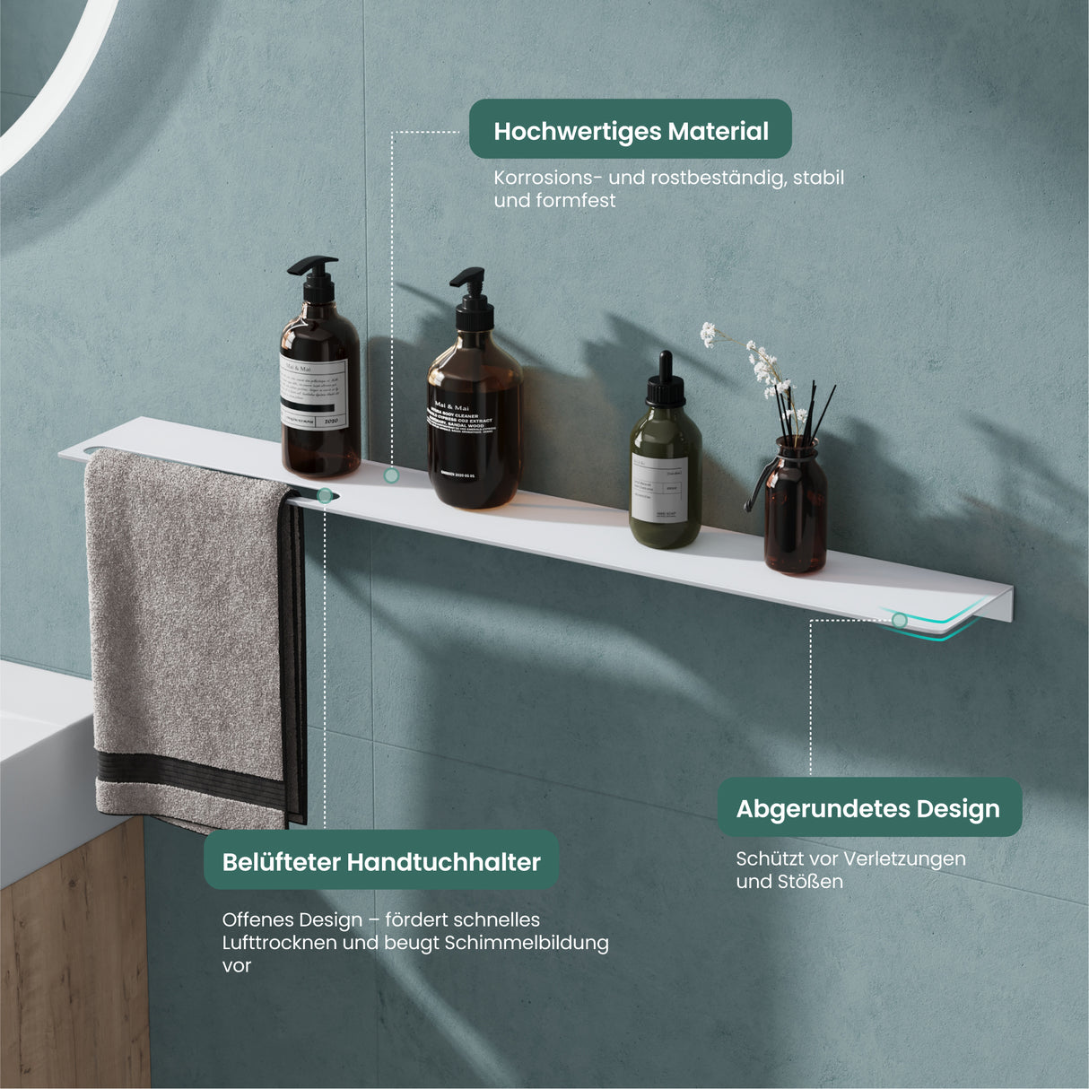 glasvilla Mensola da Parete Multifunzionale, Mensola per Doccia in Alluminio con Portasciugamani Mensola da Appendere per Bagno e Cucina, Reglo-06