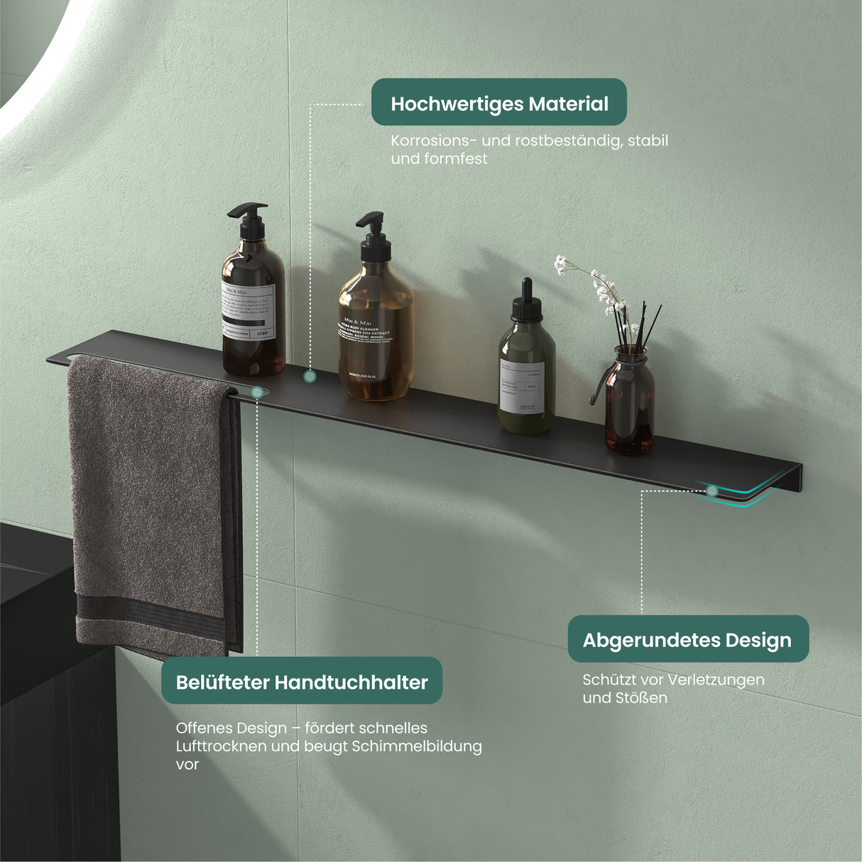 glasvilla Mensola da Parete Multifunzionale, Mensola per Doccia in Alluminio con Portasciugamani Mensola da Appendere per Bagno e Cucina, Reglo-06