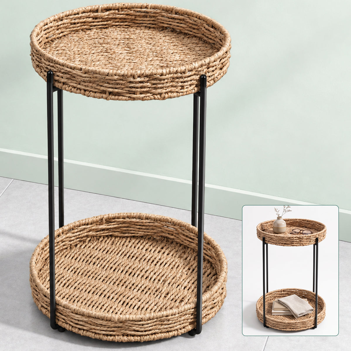 glasvilla Table basse ronde, petite table d'appoint avec plateau amovible en corde de papier, table de canapé pour salon, chambre à coucher et balcon, Reglo-08