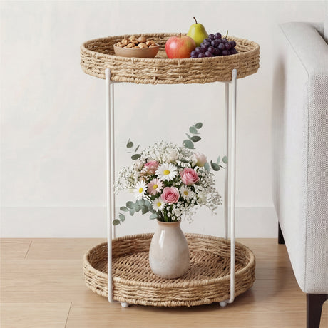 glasvilla Beistelltisch rund , Couchtisch klein mit abnehmbarem Tablett aus Papierkordel, Sofatisch für Wohnzimmer, Schlafzimmer und Balkon,  Reglo-08
