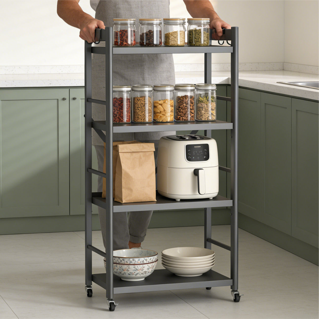Glasvilla küchenregal stehend mit 4 Ebenen, Standregal küchen mit 4 Lenkrollen und Seitlichen Haken, Küchen Organizer für Mikrowelle, Töpfe & Gewürze,  Reglo-13
