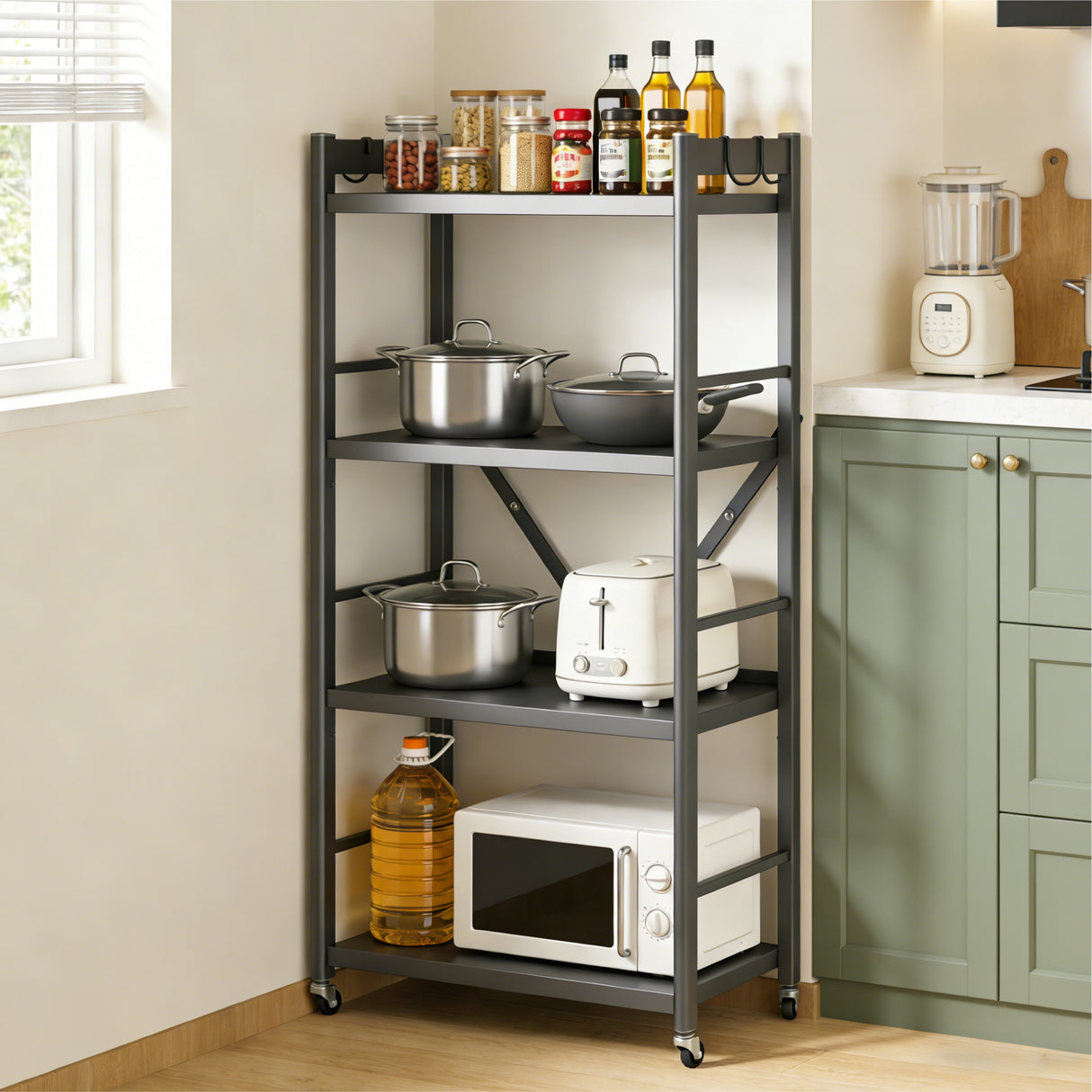 Glasvilla küchenregal stehend mit 4 Ebenen, Standregal küchen mit 4 Lenkrollen und Seitlichen Haken, Küchen Organizer für Mikrowelle, Töpfe & Gewürze,  Reglo-13