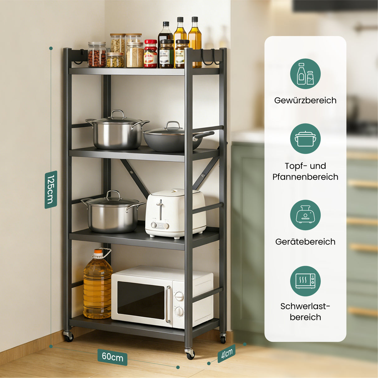 Glasvilla küchenregal stehend mit 4 Ebenen, Standregal küchen mit 4 Lenkrollen und Seitlichen Haken, Küchen Organizer für Mikrowelle, Töpfe & Gewürze,  Reglo-13